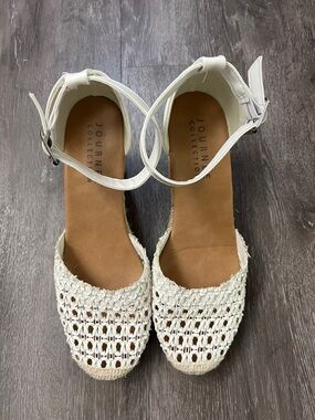 Journee Collection White Crochet Espadrille Wedge Sandals with Ankle Strap